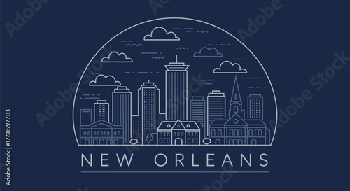 Stylized line art illustration of the New Orleans, Louisiana city skyline with famous landmarks.