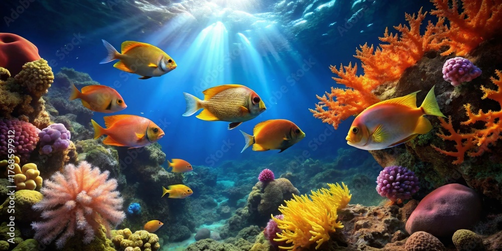 Obraz premium Vibrant Reef Scene Featuring Colorful Fish and Coral in Sunlit Underwater Paradise