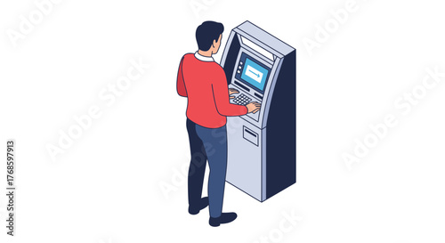Man using ATM for financial transaction, accessing banking services for money withdrawal, modern banking technology vector illustration for business