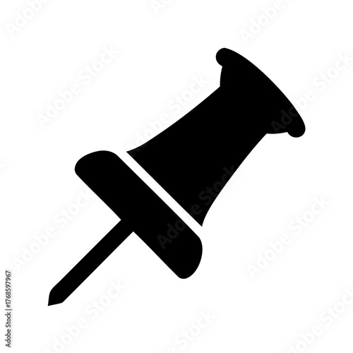 A minimalist black silhouette illustration of a thumb tack on a white background