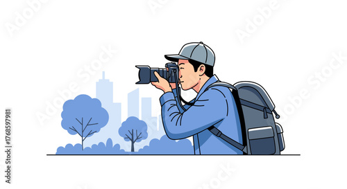 Dedicated photographer capturing cityscapes, perfect for travel blogs, photography courses, and showcasing urban exploration adventures with a modern artistic touch