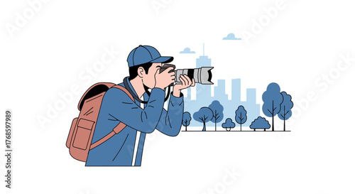 Passionate photographer capturing urban landscapes with modern camera, ideal for travel blogs, city guides, and creative projects, originally vector artwork