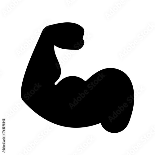 Stylized black silhouette of a flexing arm with prominent biceps muscle