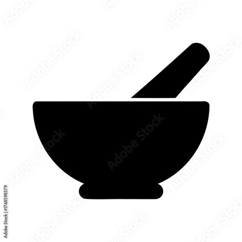 Black and white illustration of a mortar and pestle for grinding ingredients