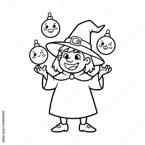 Smiling witch girl in pointy hat juggling Christmas ornaments, simple holiday coloring page for toddlers Generative AI