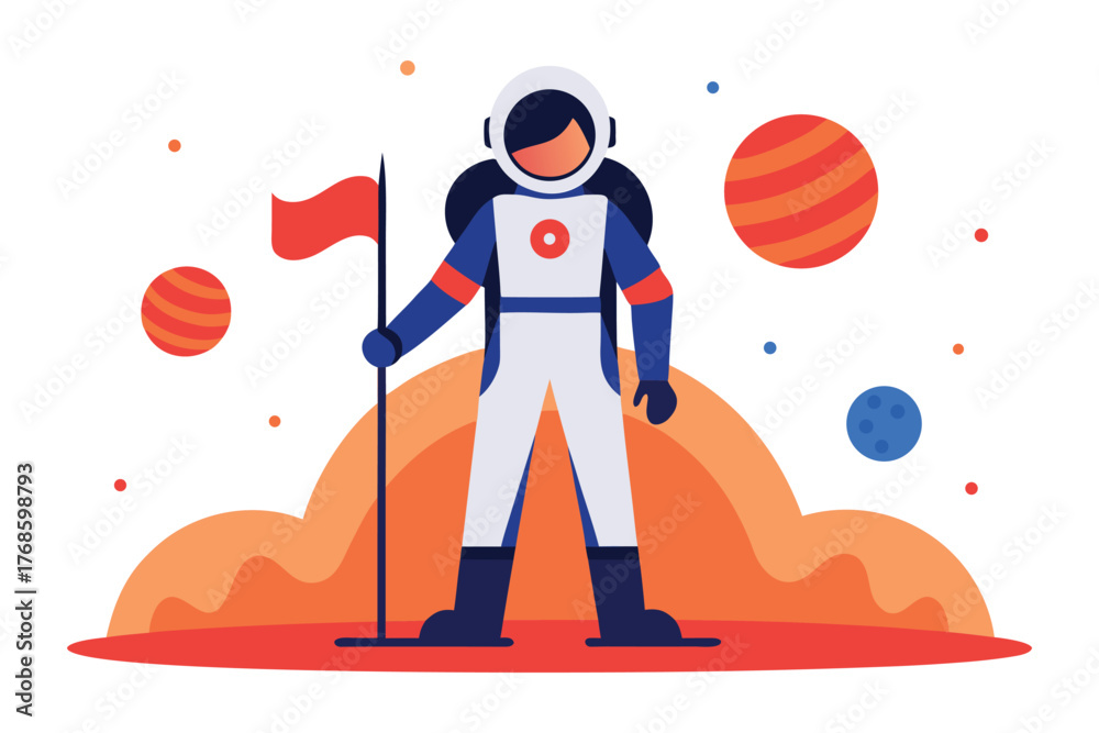 Obraz premium International Day of Women and Girls in Science – Woman Astronaut on Mars with Venus Flag Vector