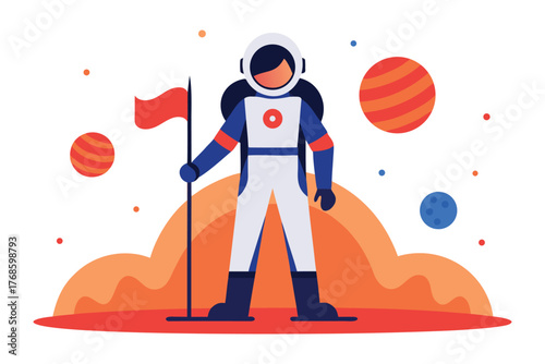 International Day of Women and Girls in Science – Woman Astronaut on Mars with Venus Flag Vector