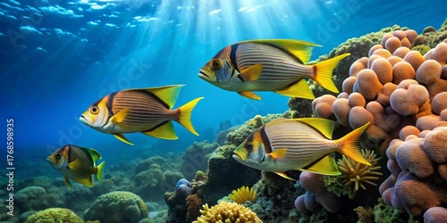 Fototapeta Naklejka Na Ścianę i Meble -  Striped tropical fish swim amidst vibrant coral reef in sunlit ocean depths