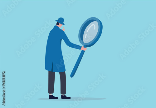 Search, discover, analyze report or specialist investigate and research for insight information concept, curiosity guy detective holding huge magnifying glass and thinking about evidence and result