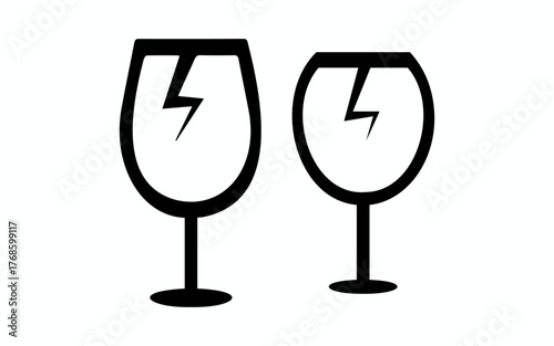 Two stylized wine glasses with lightning bolt symbols inside representing fragility and danger isolated on white background