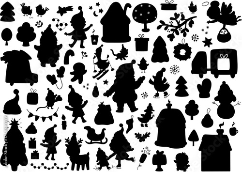 Vector Christmas silhouettes clipart set. New Year black icons collection with Santa Claus, elves, deer, fir tree, presents, house, animal, snowman. Cute illustrations for kids. Winter holiday design