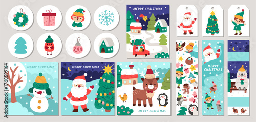 Cute Christmas cards set with Santa Claus, elves, deer, fir tree, presents, animals, snowman. Vector New Year square, round, vertical print templates. Winter holiday design for tags, postcards, ads
