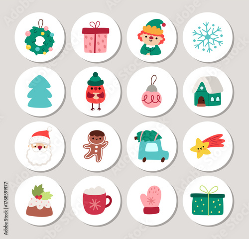 Christmas round cards set with Santa Claus, elf, tree, presents, snowflake, ball, house, mitten. Vector New Year highlight icons. Design for tags, ads, social media with winter holiday symbols