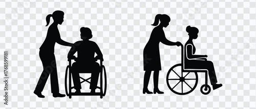 Caregiver Helping Person in Wheelchair Illustration Representing Disability Support, Compassion, and Medical Assistance