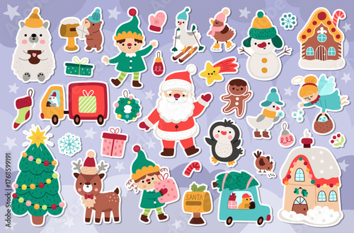 Vector Christmas stickers set. Cute New Year patches collection with Santa Claus, elves, deer, fir tree, presents, houses, animals, snowman. Funny winter holiday icons or clipart with white contour