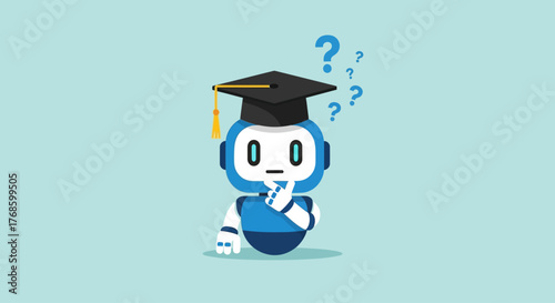 Cute robot wearing graduation cap, contemplating with question marks, symbolizing artificial intelligence and education
