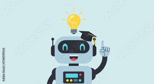 A cute cartoon robot wearing a graduation cap, holding a glowing lightbulb, symbolizing knowledge and innovation