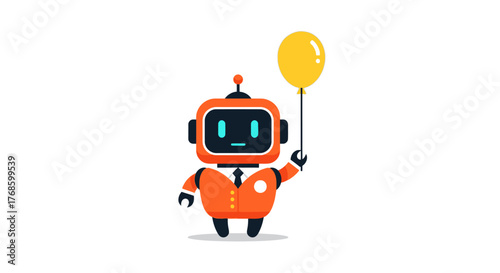 Friendly Orange Robot Character Holding a Yellow Balloon, Modern Digital Art Illustration