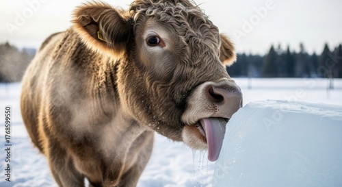 A brown cow licks a block of ice in a snowy field. The background features trees and a clear winter sky, highlighting a cold rural landscape.