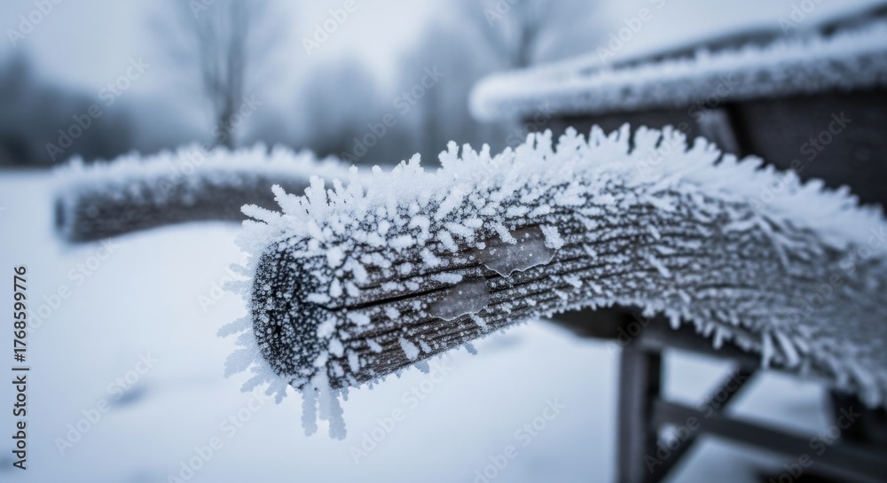 Naklejka premium A close-up of a frosty wooden surface with ice crystals. The background features a blurred winter landscape with snow-covered trees.