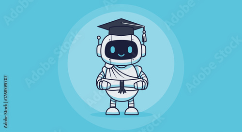 Charming cartoon robot graduate holding diploma with graduation cap on blue background, representing artificial intelligence education and academic achievement