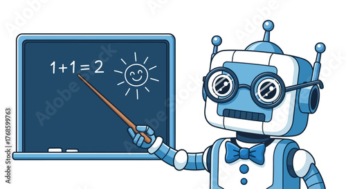 Cute Robot Teacher with Pointer Stick Explaining Math Equation 1+1=2 on Blackboard with a Smiling Sun Illustration