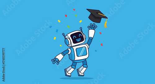 Excited cartoon robot celebrates graduation with a cap toss and confetti on a blue background