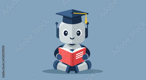 A cartoon robot wearing a graduation cap and holding an open book, symbolizing education and learning in artificial intelligence