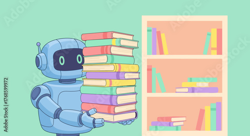 Robotic assistant organizing a bookshelf filled with colorful books, representing technology and education in a digital world