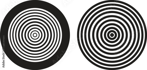 Black circular spiral abstract shape set, optical line art collection, geometric concentric circle group, hypnotic vortex round pattern, minimal flat vector design element bundle