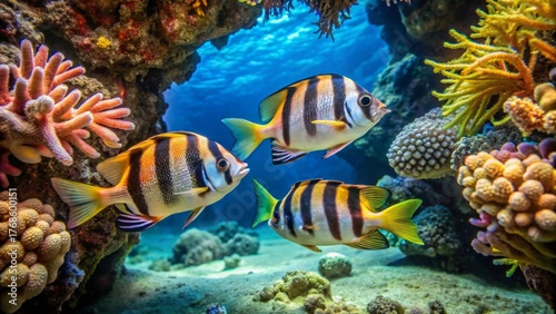 Fototapeta Naklejka Na Ścianę i Meble -  Striped tropical fish swimming amidst vibrant coral reef in an underwater paradise