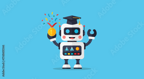 Happy robot wearing a graduation cap and holding a medal, symbolizing achievement and learning in technology and artificial intelligence