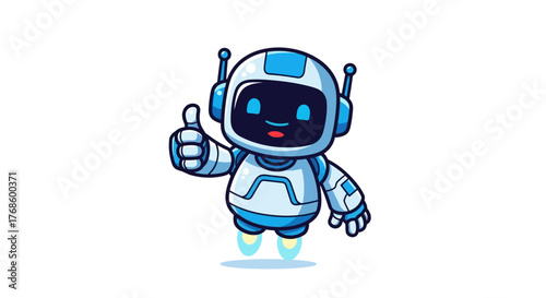 Cute blue robot character giving a thumbs up, indicating approval and success, with small jet boots propelling it upwards
