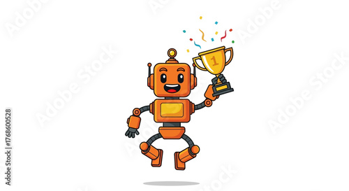 Happy cartoon robot jumping with joy holding a gold trophy and confetti, celebrating a victory or achievement