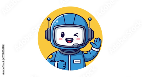 Cute blue astronaut waving hello with a wink, vector cartoon illustration with a friendly and approachable persona