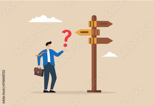 Flat illustration of confused businessman look at wooden road sign deciding on right business path