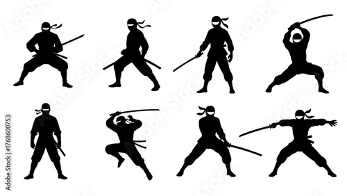 Dynamic collection of ninja warrior silhouettes in various combat poses, depicting ancient martial arts and stealth techniques in a stylized graphic vector set