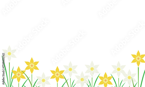 白と黄色の水仙の花が下部に咲くフレーム
