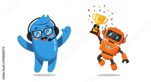 Cheerleading Blue Character with Headset Holding Trophy and Orange Robot Celebrating Success with Confetti