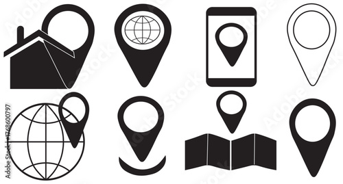 Diverse collection of colorful location pins and navigation symbols for maps and apps