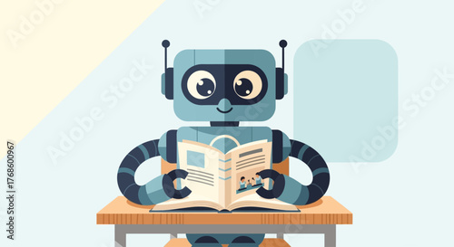 Cute robot character engrossed in reading a book at a desk, symbolizing education, learning, and artificial intelligence in a cheerful, stylized illustration
