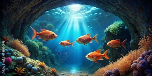 Fototapeta Naklejka Na Ścianę i Meble -  Serene Underwater Grotto Sunlit Rays Illuminate Vibrant Orange Fish and Lush Coral Reef