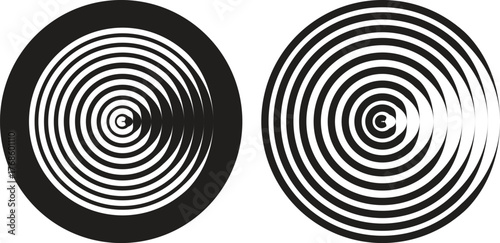 Black circular spiral abstract shape set, optical line art collection, geometric concentric circle group, hypnotic vortex round pattern, minimal flat vector design element bundle