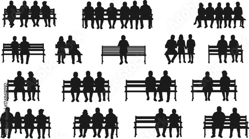 Bench sitting silhouette grid, social interaction and solitude poses, flat vector illustration, cad drawing, black and white posture design