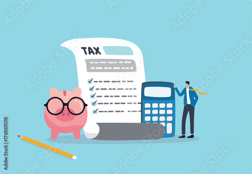 Income tax filing, calculate revenue and filling tax form, expert complete checklist for all reduction, refund and payment concept, expertise businessman completed tax filing form with calculator