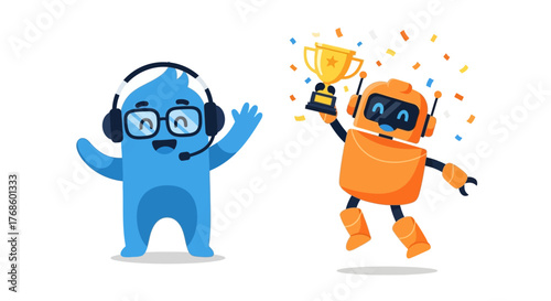 Blue mascot and orange robot celebrating success with a trophy and confetti, representing teamwork and achievement