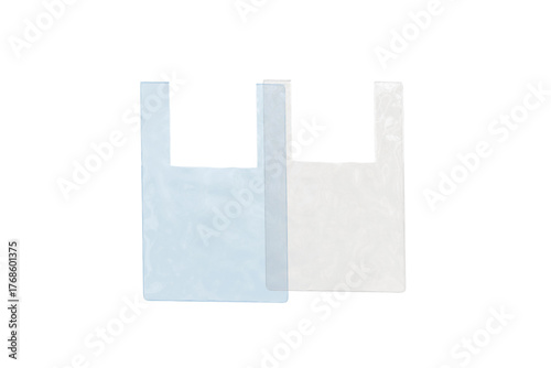 Two clear T-shirt-type plastic bags on a white background, blank packaging without writing, isolated item for mockup, packaging materials