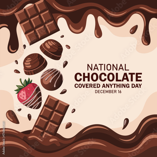 National Chocolate Covered Anything Day vector. Chocolate covered strawberry vector. Orange fruit with chocolate vector. Chocolate Covered Anything Day Poster, December 16.
