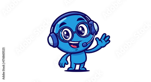 Cute blue cartoon character with headphones and microphone waving hello, perfect for customer service and support themes