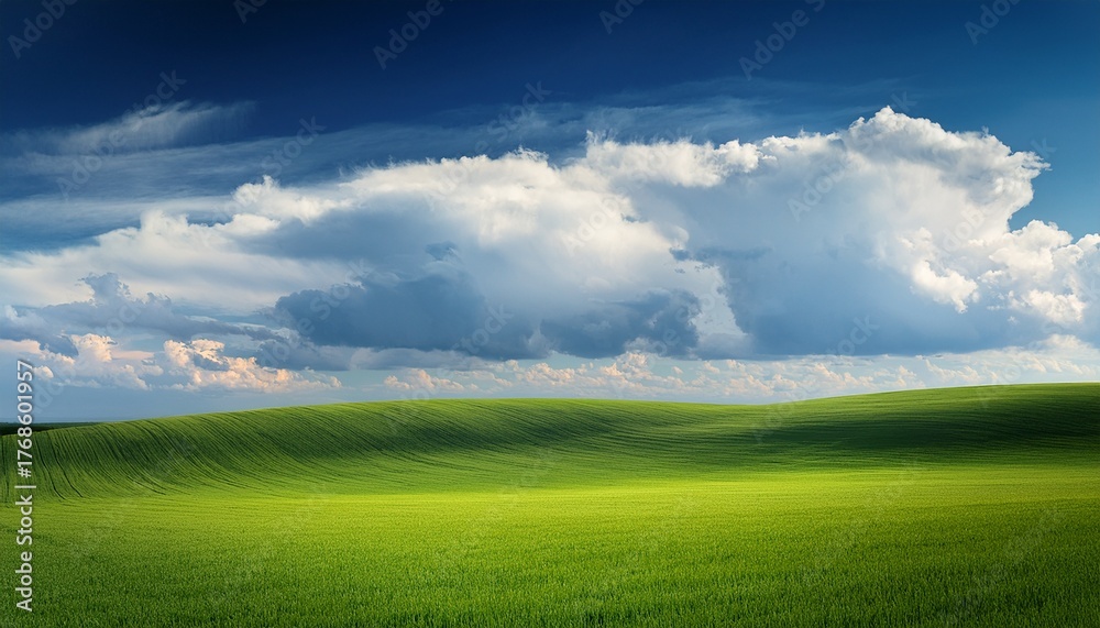 Fototapeta premium Minimalist Landscape Painting Of Cloudy Sky And Green Field